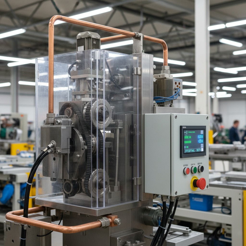 An industrial machine with exposed gears and a transparent safety guard sits on the factory floor, featuring an attached control panel with buttons and a digital display.